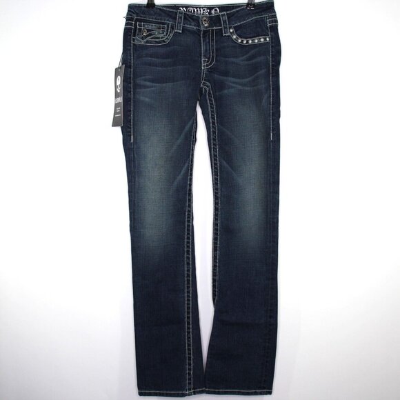 Rawkn Womens 27 x 34 Swavorski Studded Skull Y2K Style Straight Jeans NEW M1032 - Picture 2 of 8